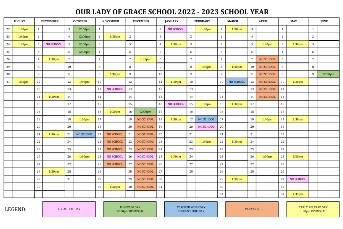 School Calendar Our Lady of Grace Catholic School